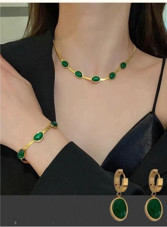 Oval Green Crystal Pendant Necklace Set With Bracelet - Shoopers