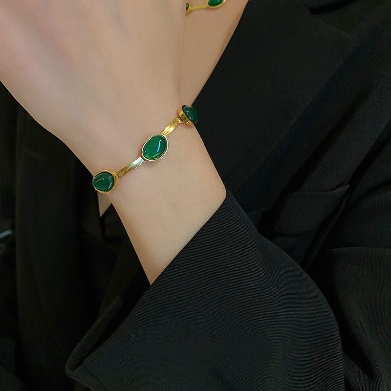 Oval Green Crystal Pendant Necklace Set With Bracelet - Shoopers